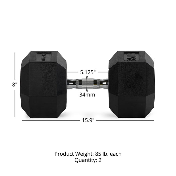 85 LB Rubber Hex Dumbbells