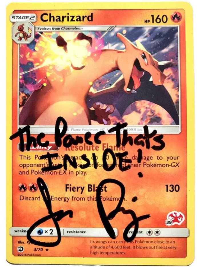 JP Autographed Charizard card from Pokémon with a graphic of the character Charizard in a dynamic pose.