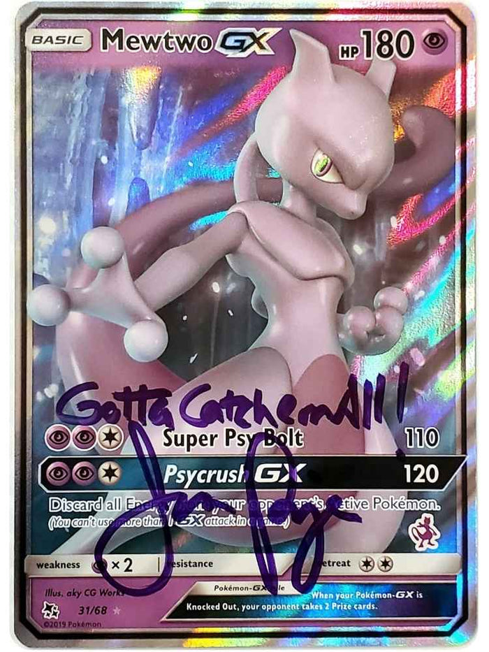 Pokémon trading card featuring Mewtwo GX with colorful border and autographed by JP