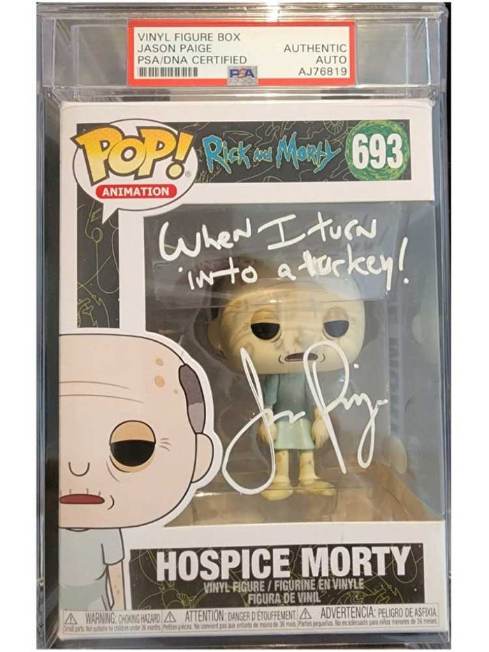 PSA authenticated Hospice Morty Funko Pop 693 autographed by Jason Paige, encapsulated collectible with signature.