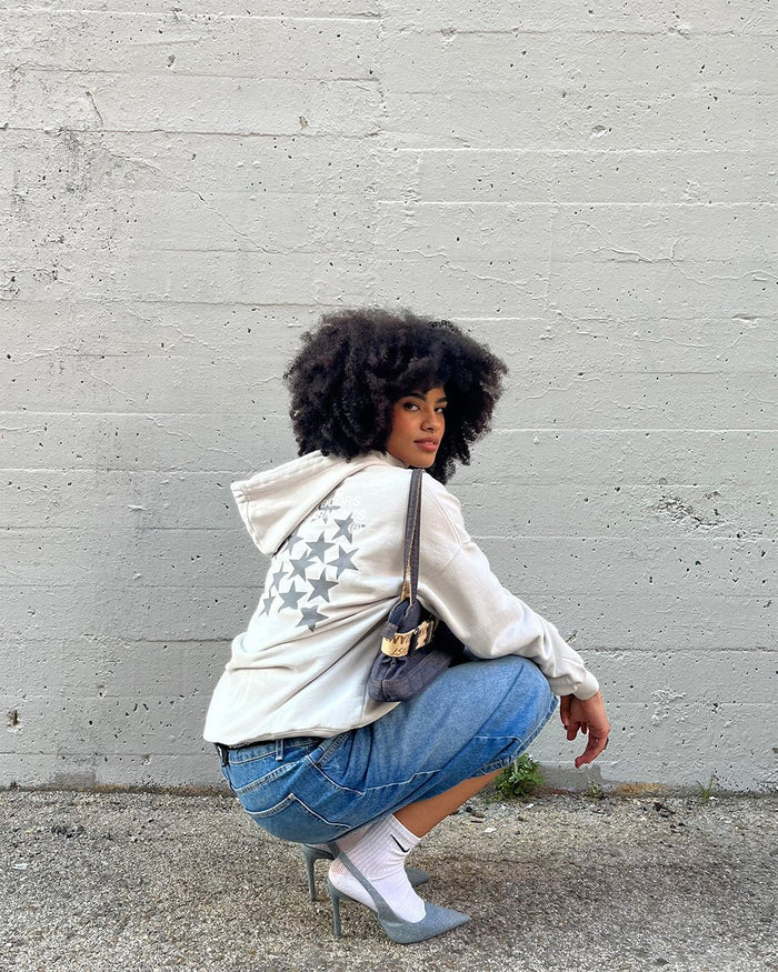 ASTRO HOODIE - light grey star print hoodie, street style shot - Cold Culture