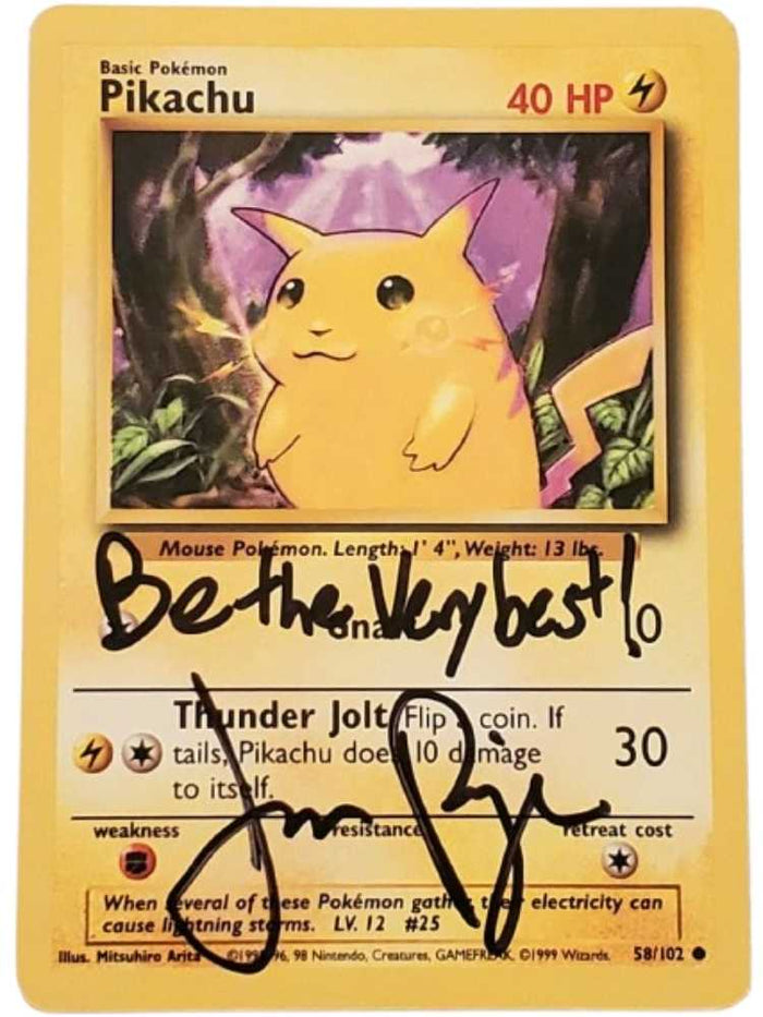 A vintage 1st Gen Pokémon card featuring Pikachu with an autograph of JP.