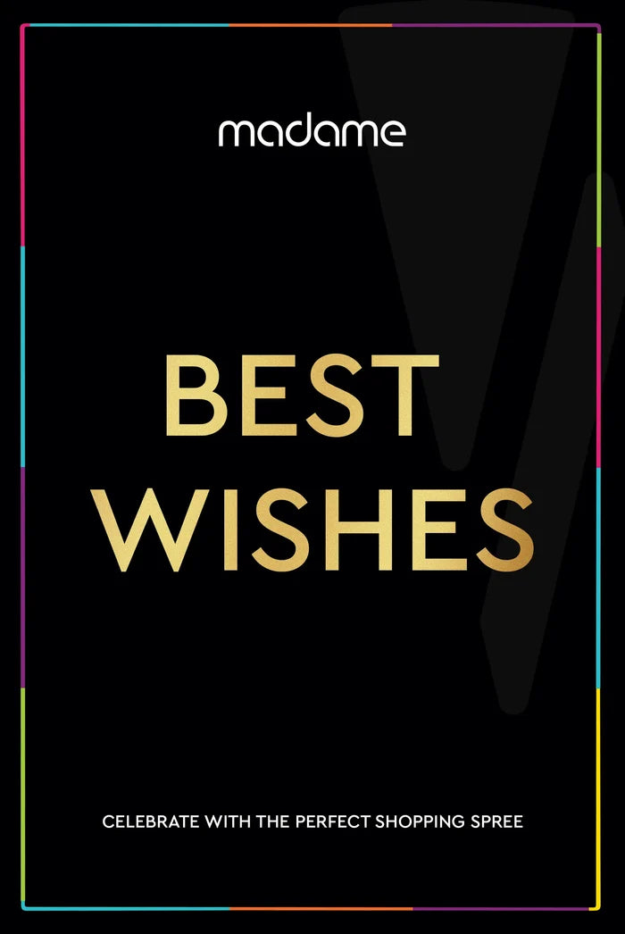 Black card with gold text 'BEST WISHES' and colorful border, featuring the brand 'madame'.