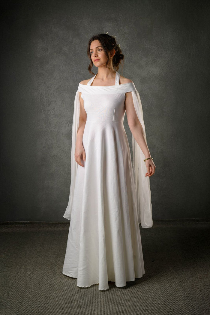 Celtic Fusion folklore style linen wedding dress designed by Irish designer Regina Tierney
