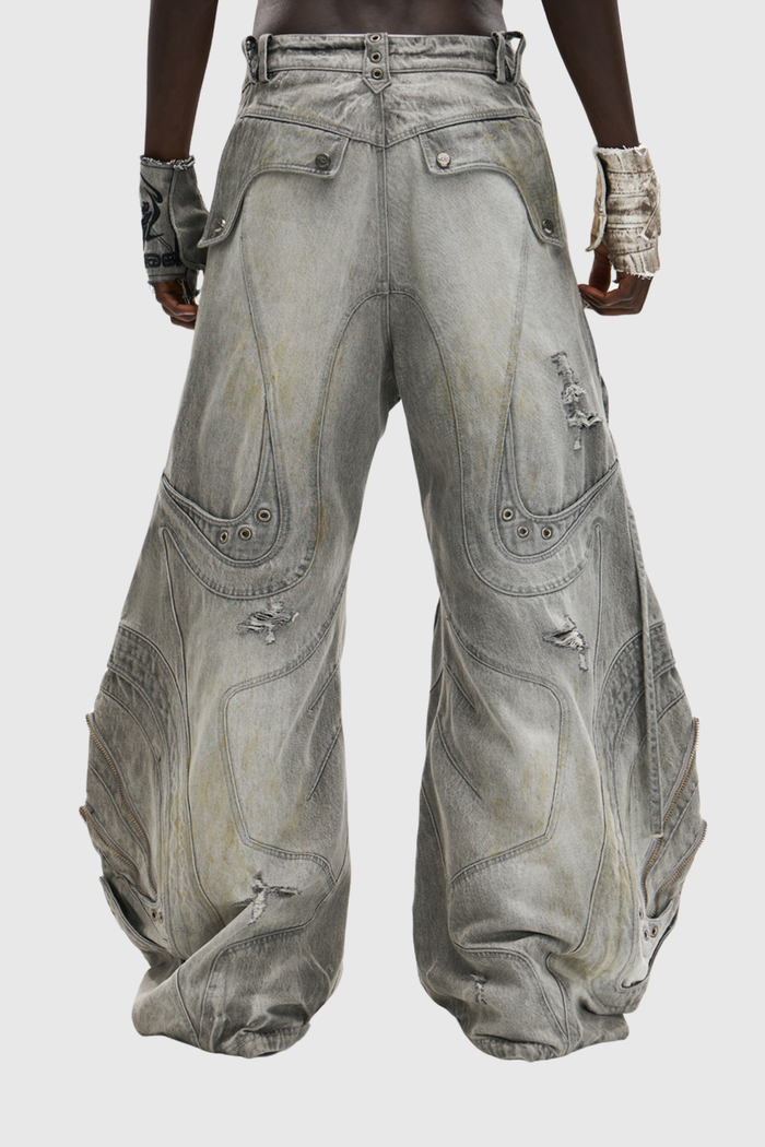 Daryl Deconstruct Print Barrel Jeans In Grey