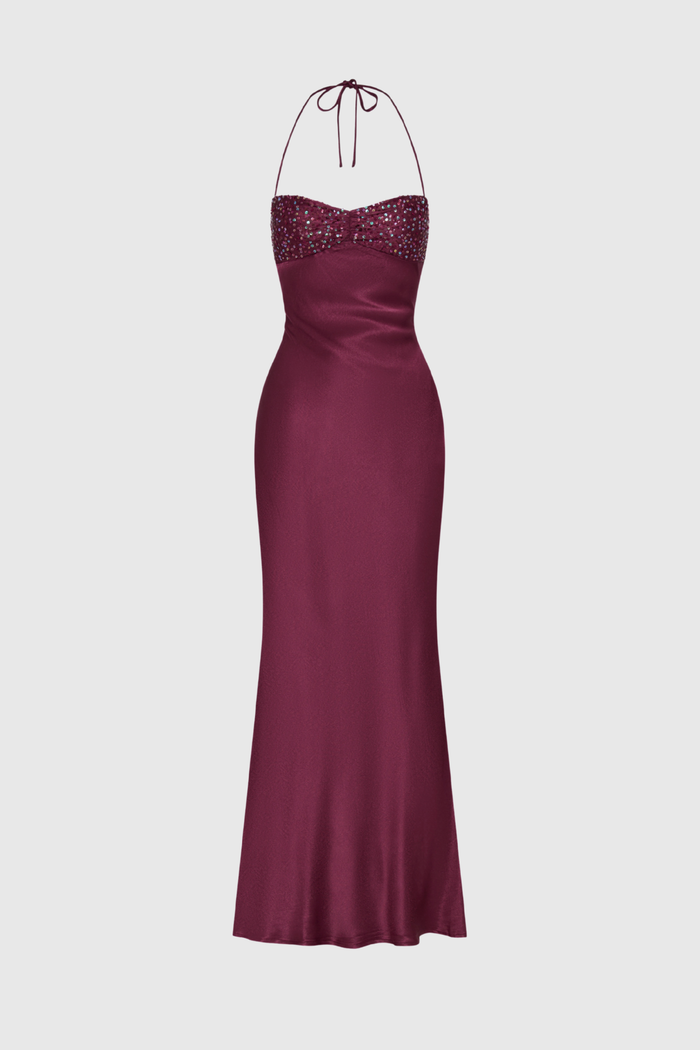 Davlat Halter Neck Sequin Satin Maxi Dress In Purple