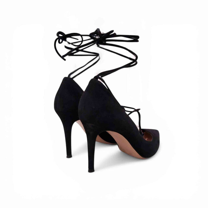 GIANVITO ROSSI BLACK LACE UP POINTED TOE HEELS - SIZE 38.5