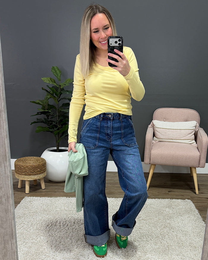 Jess Long Sleeve Knit Scoop Neck Top - Yellow Be Cool