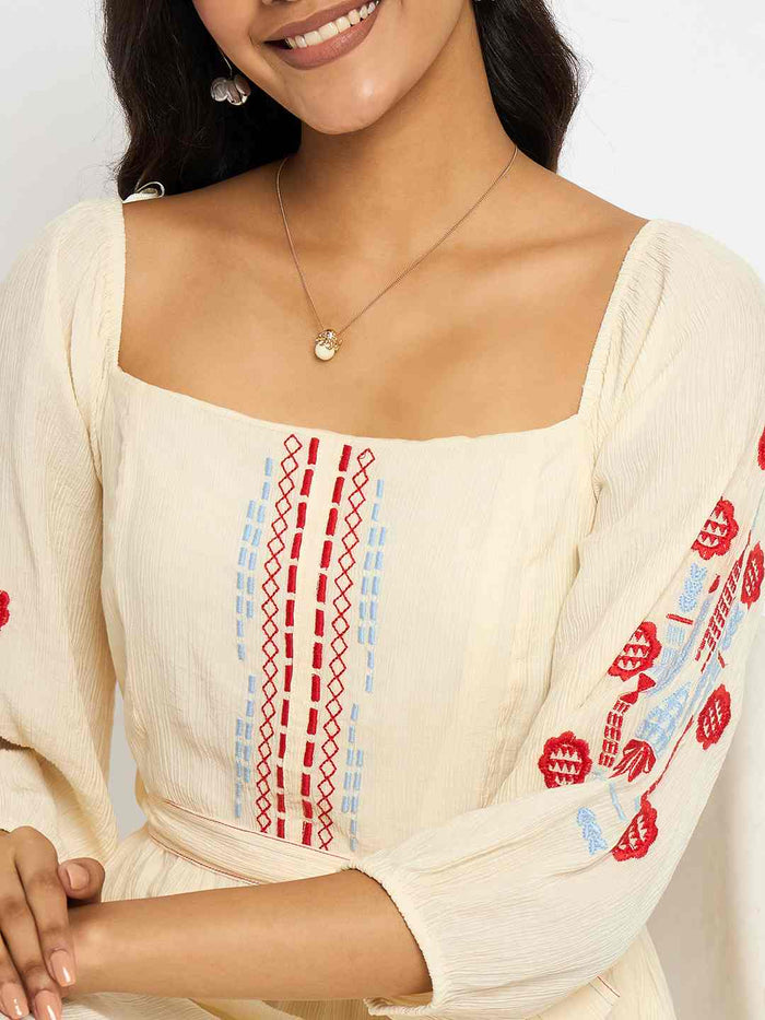 Madame Embroidered Ivory Belted Mini Dress