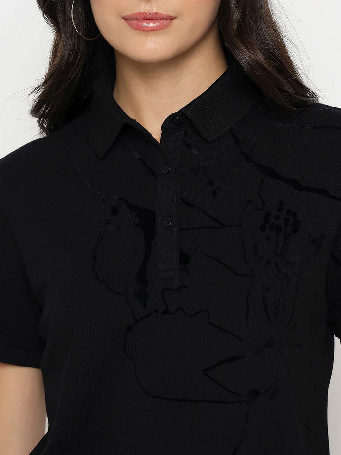 Madame Solid Black Cotton Blend T-Shirt