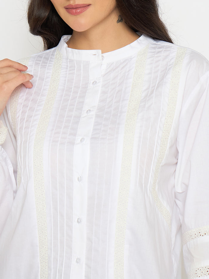 Madame Solid White Puff Sleeve Cotton Shirt