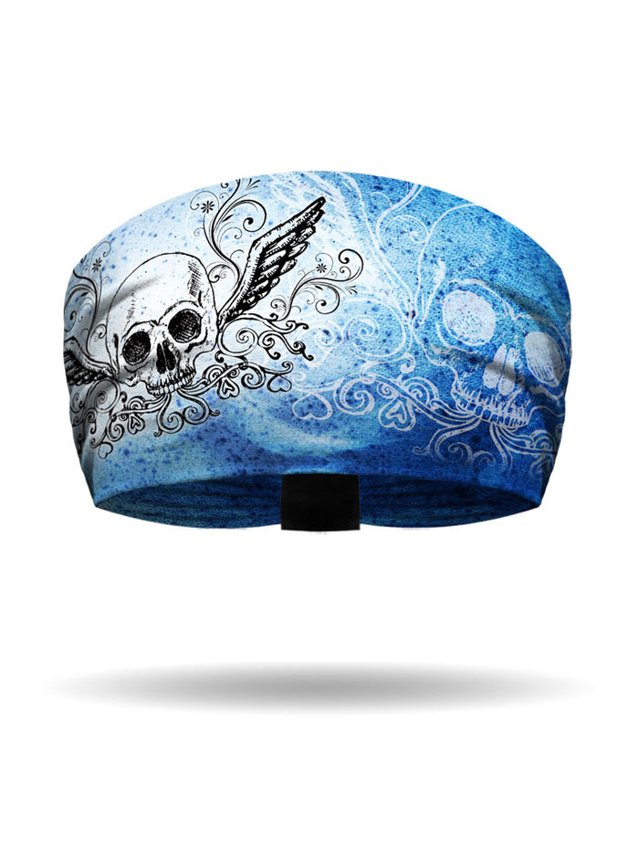 Numbskull Fleece Headband: This design features a sketched skull & wing design and distressed denim background