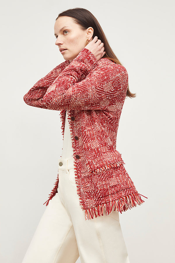 Side image of a woman standing wearing the Porter Jacket—Interweave in Red Multi | Grid Hover | Exclude