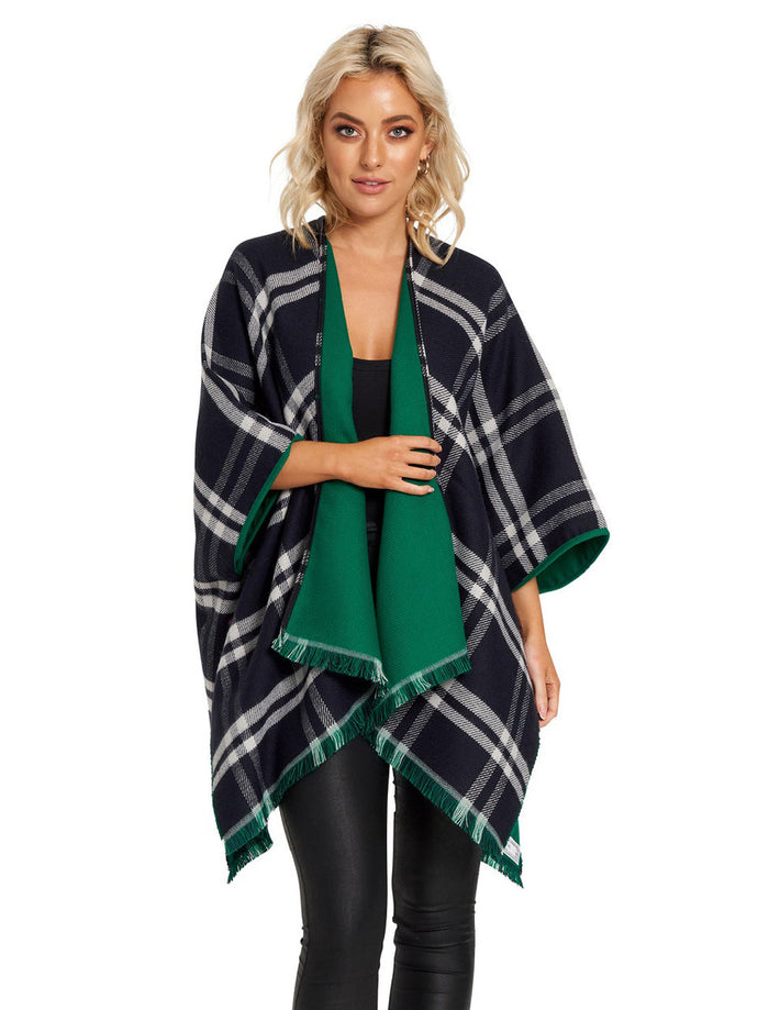 Reversible Plaid Fringed Shawl - Green #color_green