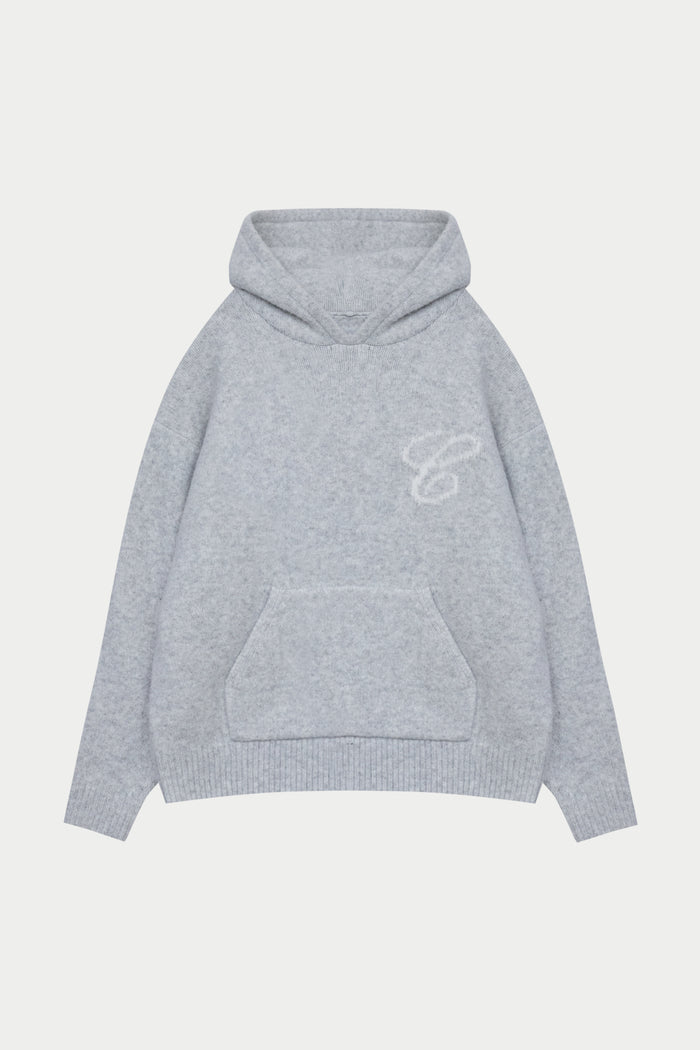 SCRIPT LOGO GRAPHIC KNITTED HOODIE - GREY MARL
