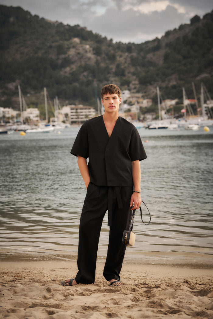 SMART TIE BELTED TROUSERS - BLACK