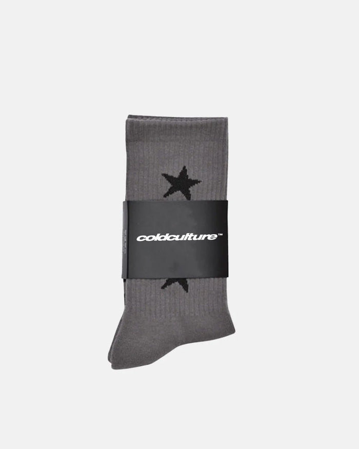 STARRY SOCKS LIGHT GREY - grey star print socks, flat lay - Cold Culture