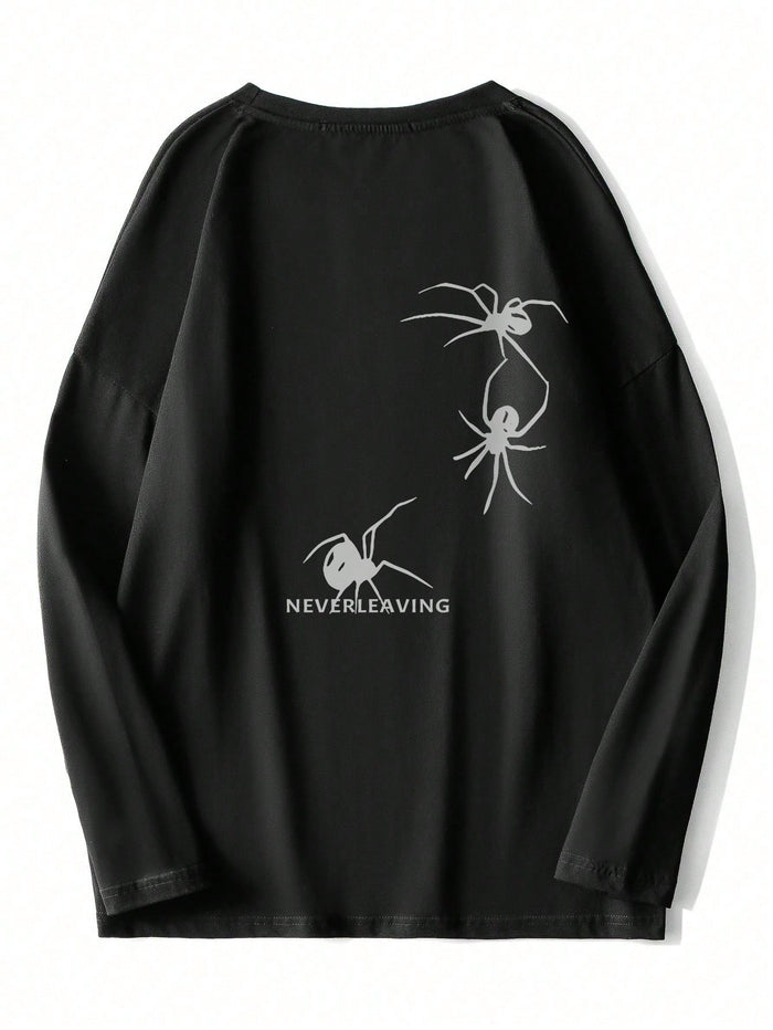 SXV Neverleaving Men Spider & Letter Graphic Drop Shoulder Full sleeves Tee