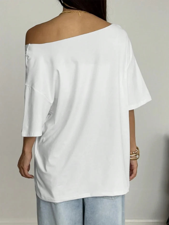 SXV Oversized Women's Loose Asymmetric-Shoulder T-Shirt, Amalfi Coast Italy Beach