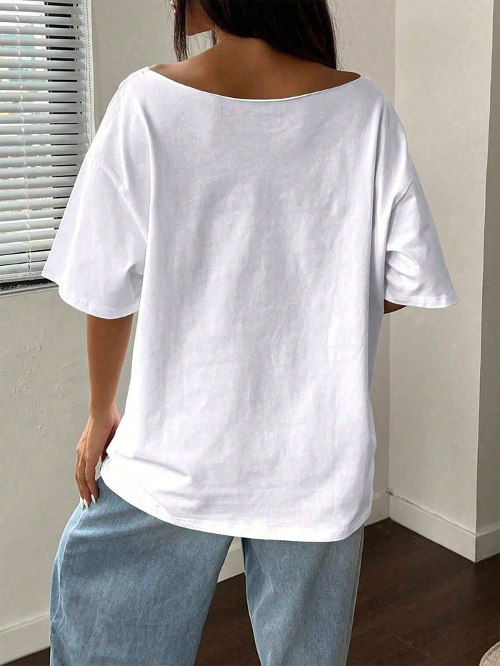 SXV Tropical Ocean Stingray Graphic Tee - White Oversized Off-Shoulder T-Shirt