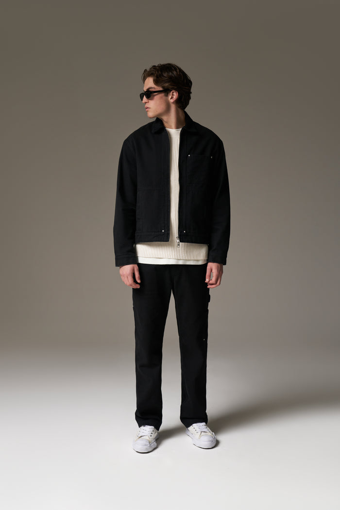 TWILL CONTRAST COLLAR JACKET - WASHED BLACK