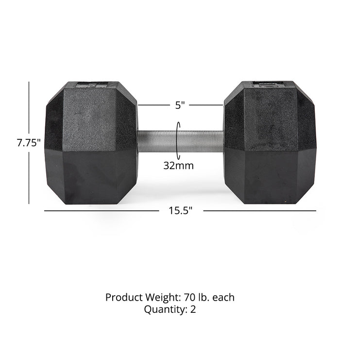 70 LB Straight Stainless Steel Hex Dumbbells