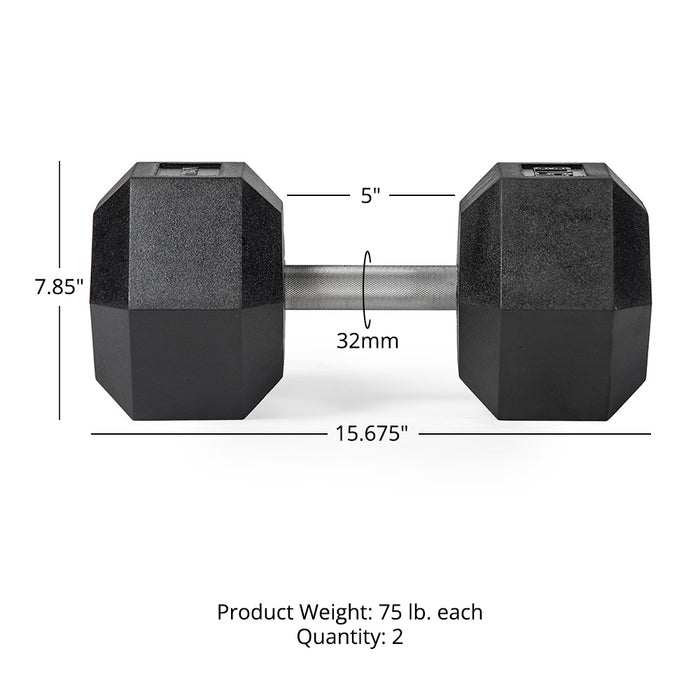 75 LB Straight Stainless Steel Hex Dumbbells