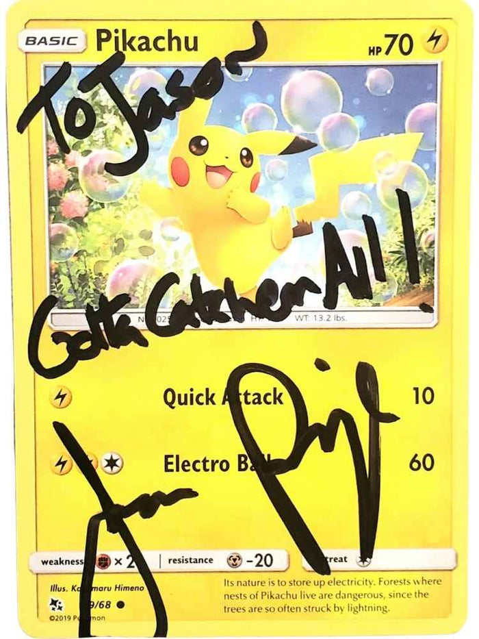 Pokémon trading card with Pikachu, autographed by a JP.