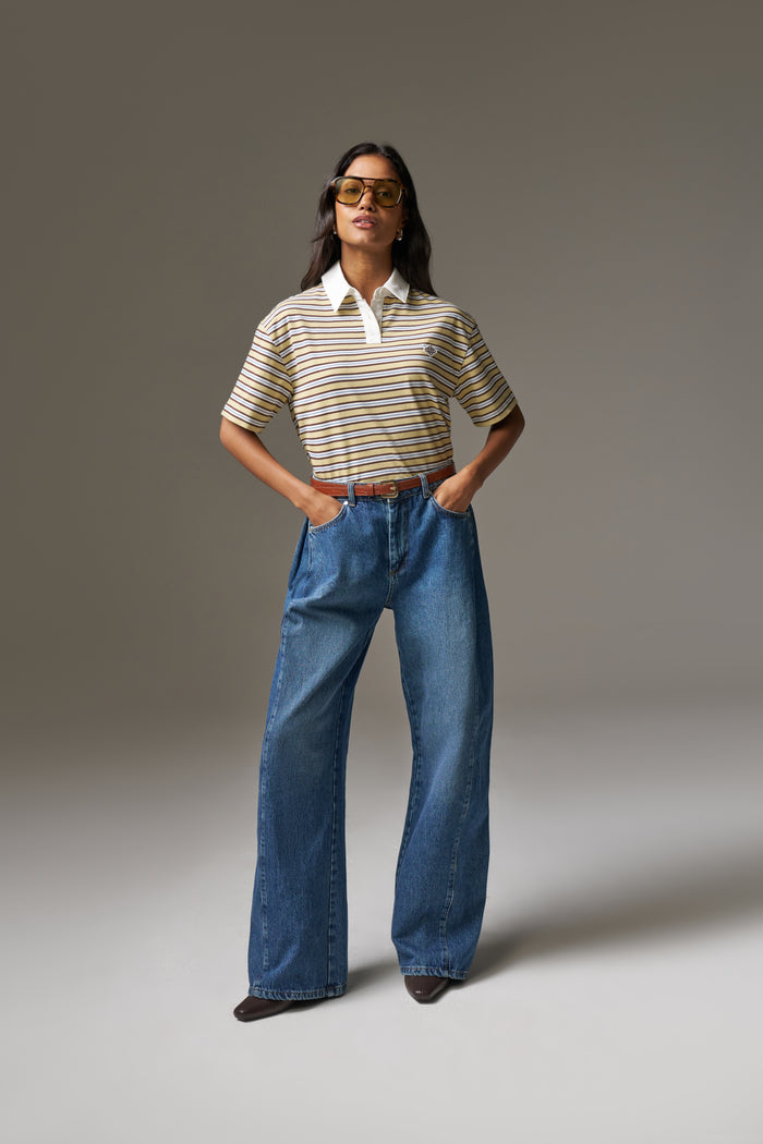 ADJUSTABLE PLEAT DETAIL WIDE LEG JEANS - VINTAGE BLUE WASH