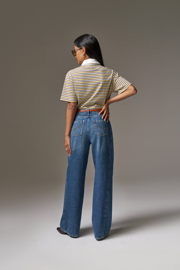 ADJUSTABLE PLEAT DETAIL WIDE LEG JEANS - VINTAGE BLUE WASH
