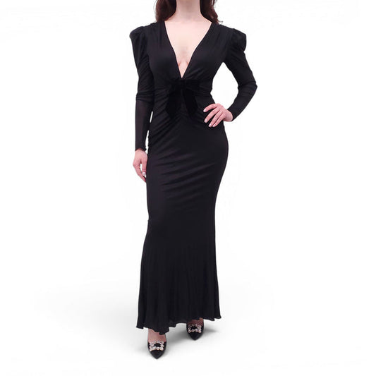 ALESSANDRA RICH BLACK DRAPED SATIN MAXI DRESS WITH VELVET BOW - SIZE 38