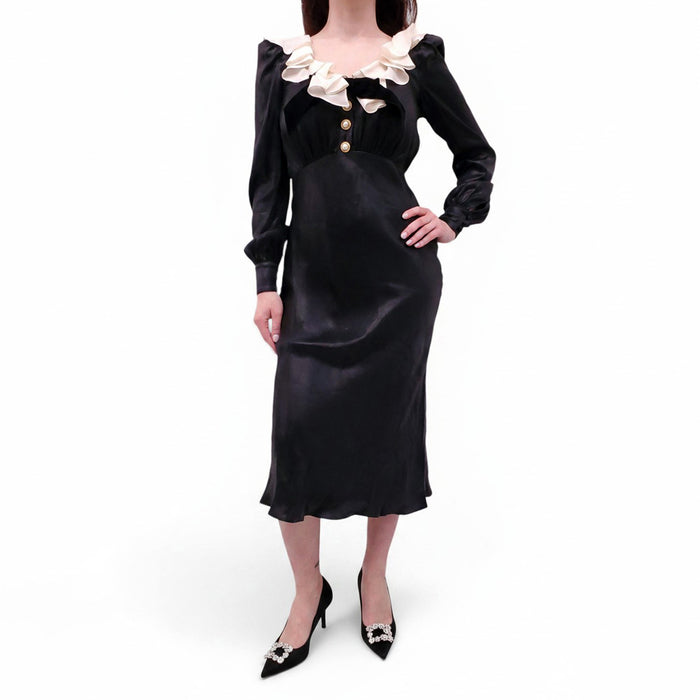 ALESSANDRA RICH BLACK LAMINATED SILK MIDI DRESS - SIZE 42 (FITS SMALL)