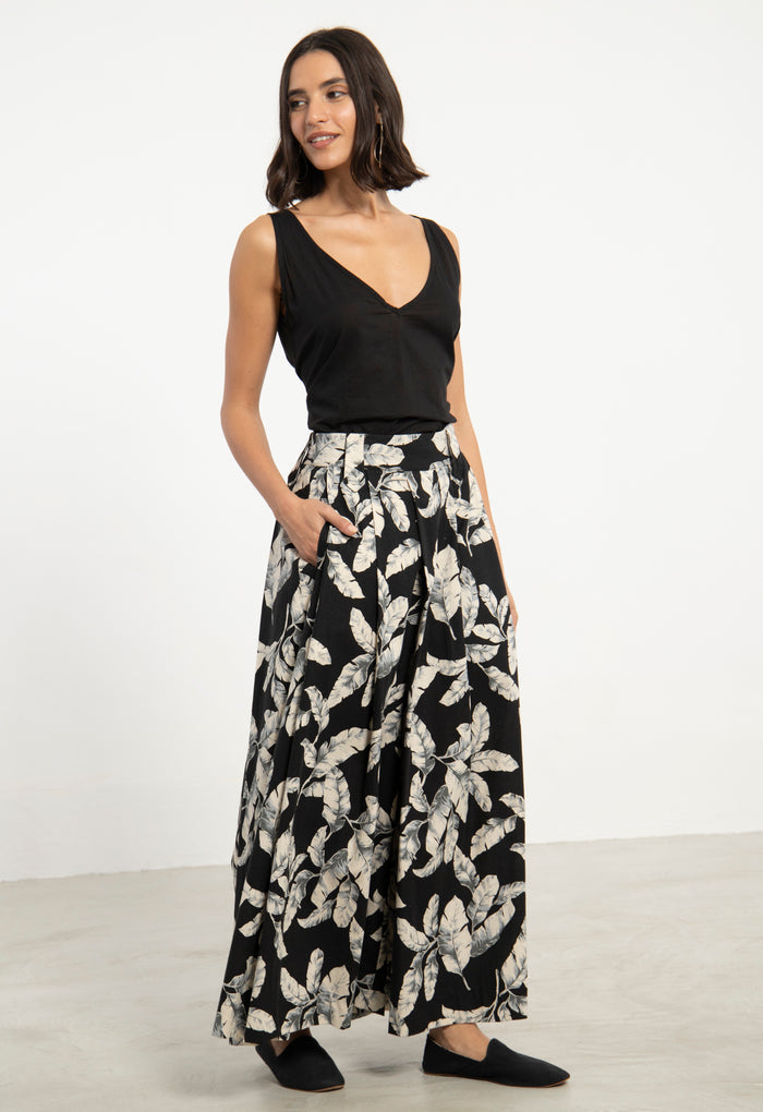 Amar Black Leaf Print Trousers