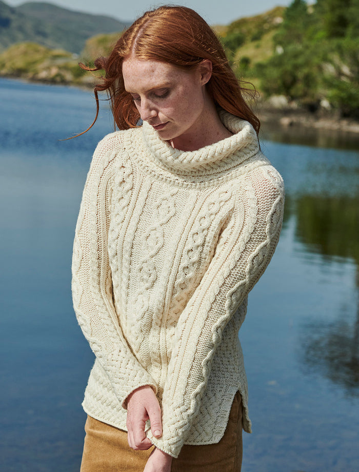 Aran Cowl Neck Tunic Sweater - Natural White #color_natural-white