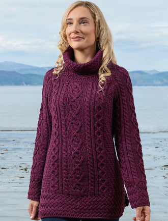 Aran Cowl Neck Tunic Sweater - Very Berry #color_very-berry