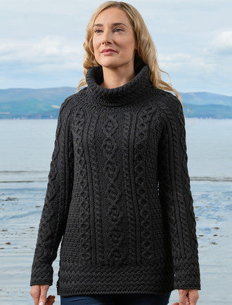 Aran Cowl Neck Tunic Sweater - Black #color_black