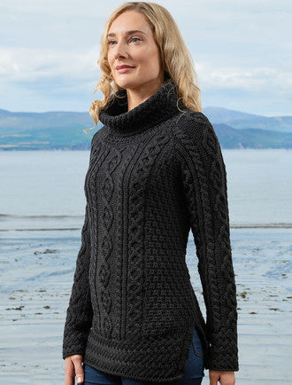 Aran Cowl Neck Tunic Sweater - Black #color_black