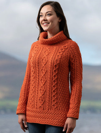 Aran Cowl Neck Tunic Sweater - Autumn Leaf #color_autumn-leaf