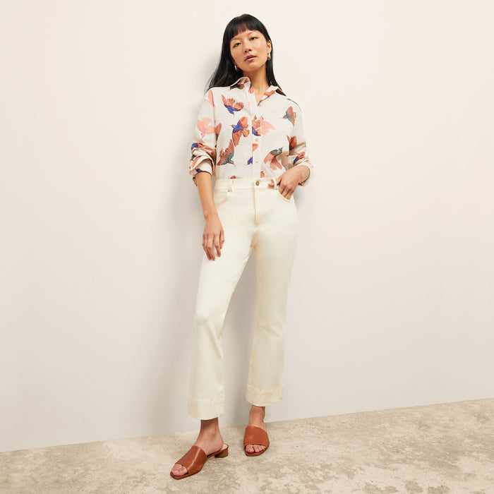 Front image of a woman wearing the Archie Jean in Tusk