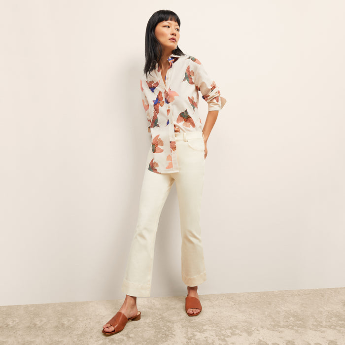 Front image of a woman wearing the Archie Jean in Tusk