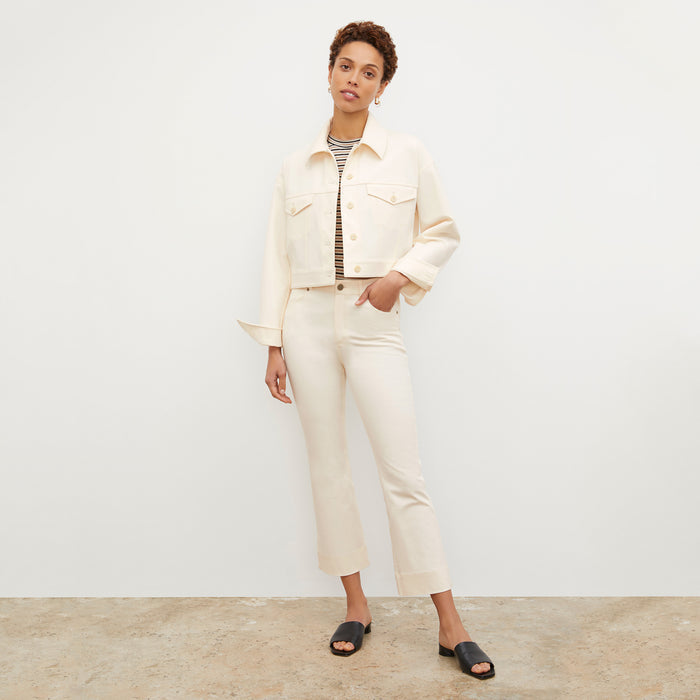 Front image of a woman wearing the Archie Jean in Tusk