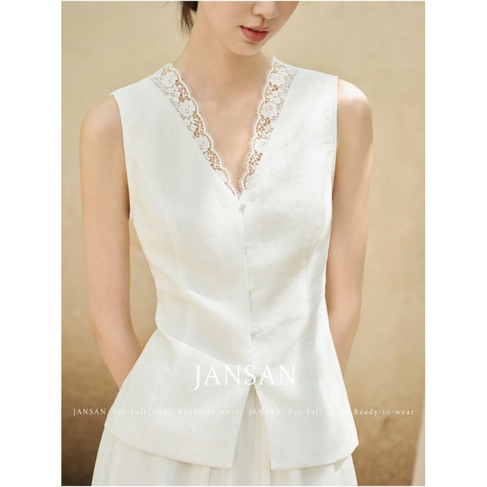 JANSAN Tencel Linen Lace Adjustable Waist Vest Hollow Wide Leg Pants Set image 0
