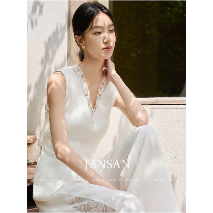 JANSAN Tencel Linen Lace Adjustable Waist Vest Hollow Wide Leg Pants Set image 1