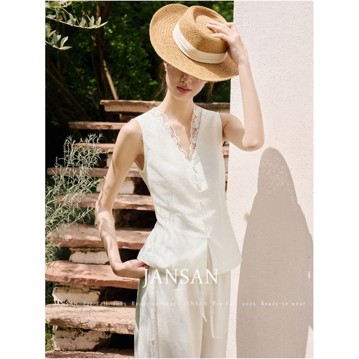 JANSAN Tencel Linen Lace Adjustable Waist Vest Hollow Wide Leg Pants Set image 2
