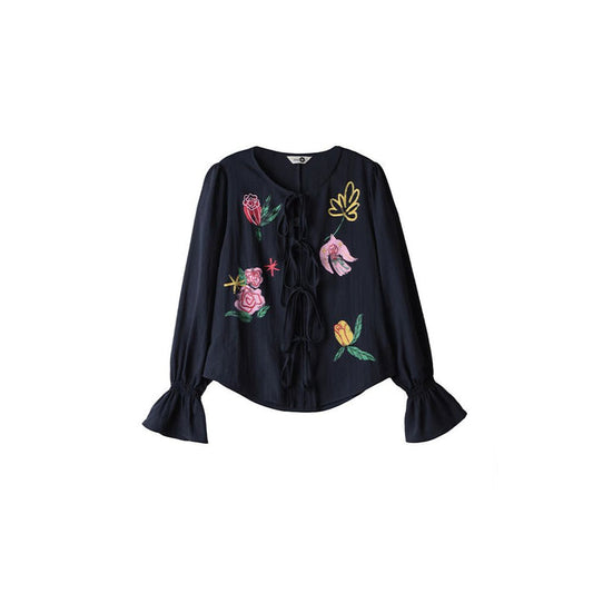 ASAYA6928 – Birds & Roses Tie-Front Blouse 🕊️🌹✨