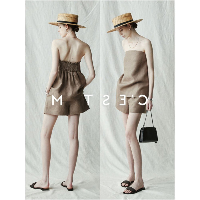 BTRS M Casual Vacation Style High End 100 Linen Smack Camisole Bandeau Top and Shorts Set image 0