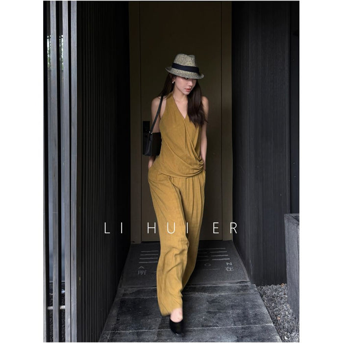 LiHuiEr Parisian Style Summer Honey Yellow Halter Vest Midi Long Pants Two Piece Set for Women image 0