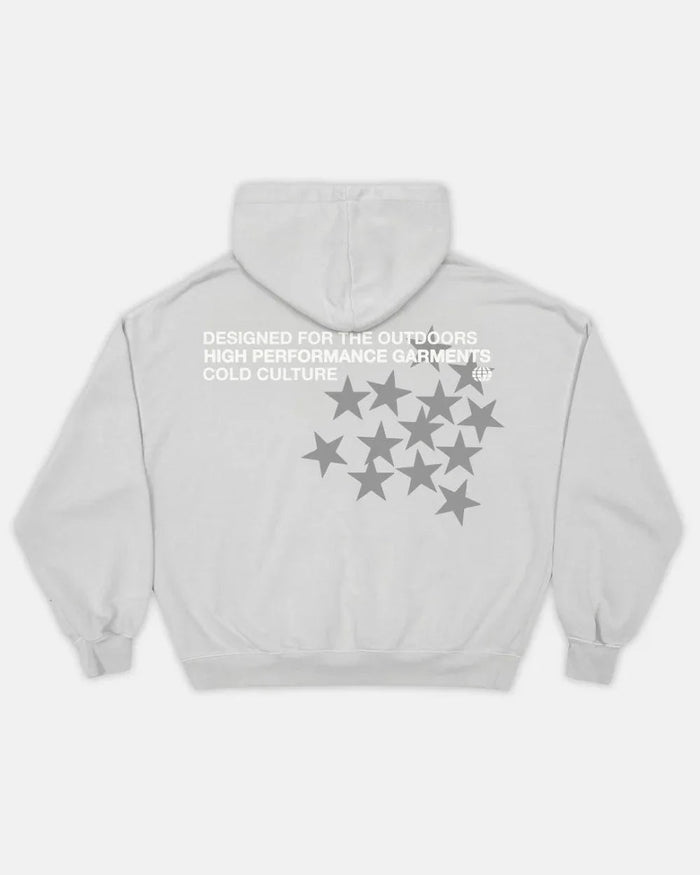 ASTRO HOODIE - light grey star print hoodie, back view - Cold Culture