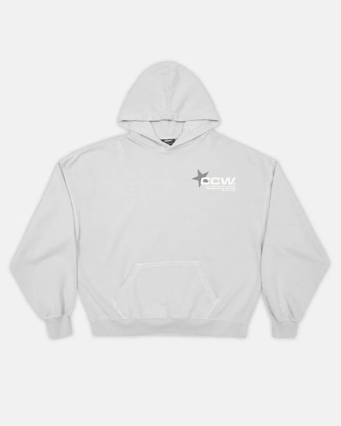 ASTRO HOODIE - light grey star print hoodie, front view - Cold Culture