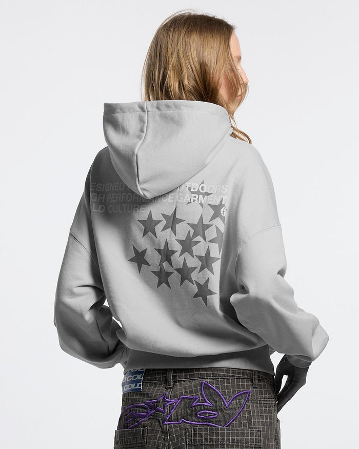 ASTRO HOODIE - light grey star print hoodie, back view on female model - Cold Culture #woman